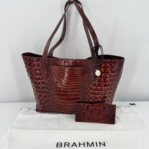 Brahmin Melbourne Pecan Leather Tote Bag Purse Handbag Checkbook‎ Cover Set